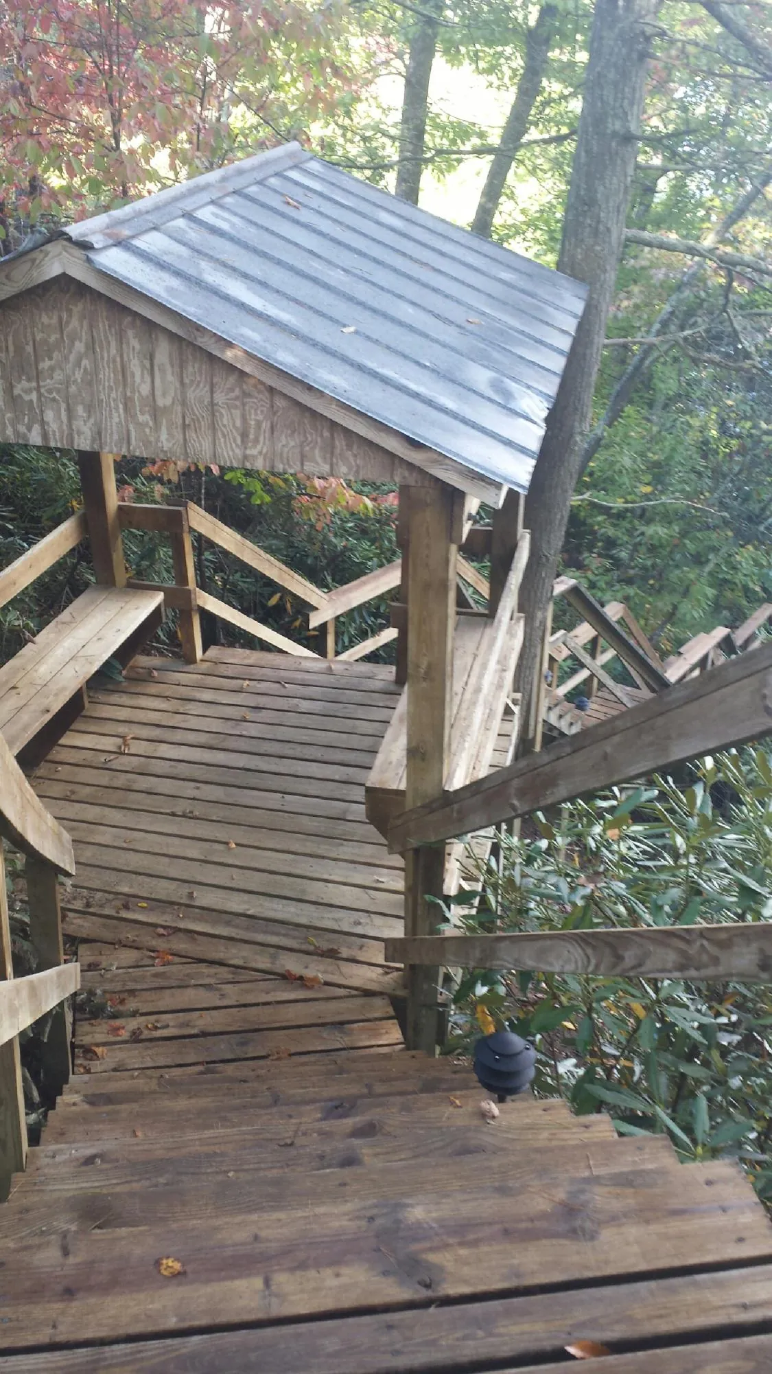 Metal roofed shelter over wooden steps on a wooded walkway — Skylight Repair & Installation work by our crew in Plano
